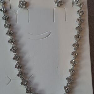 Silver Floral Crystal Necklace and Earrings Set